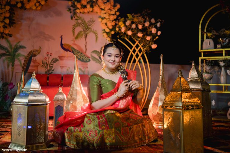 Indian bride photoshoot on her mehandi day with beautiful props