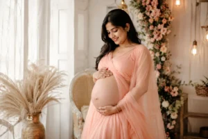 Beautiful Indian woman posing for an indoor maternity photoshoot.