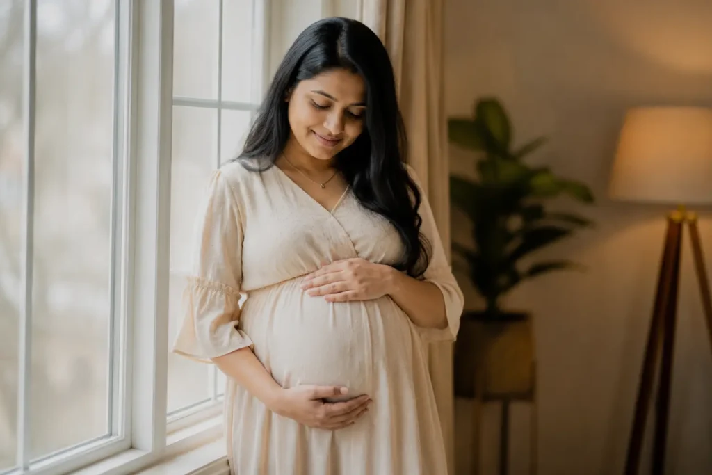 Pregnant Indian woman posing for a natural indoor maternity photoshoot while gently holding her baby bump in soft daylight.