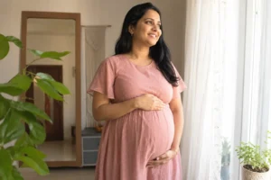 Pregnant Indian woman smiling and holding her baby bump during a natural maternity photoshoot.