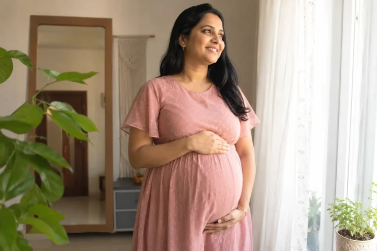Pregnant Indian woman smiling and holding her baby bump during a natural maternity photoshoot.