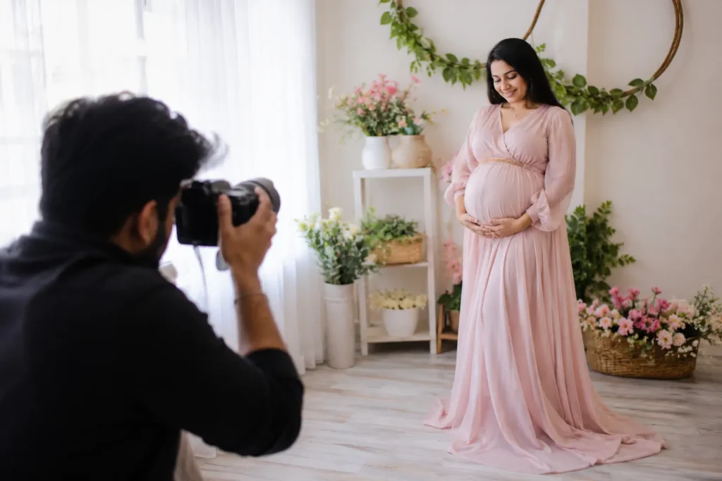 Professional photographer capturing a natural indoor maternity photoshoot of a pregnant Indian woman wearing a pink maternity gown in a studio.