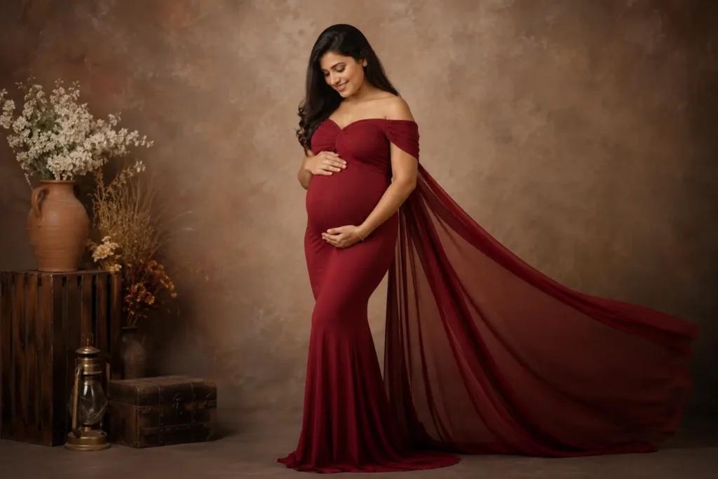 Pregnant Indian woman posing in a red gown during a studio maternity photoshoot.