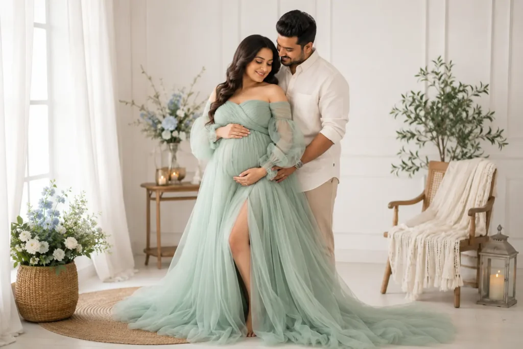 Elegant maternity couple posing in a bright studio during a professional pregnancy photoshoot.