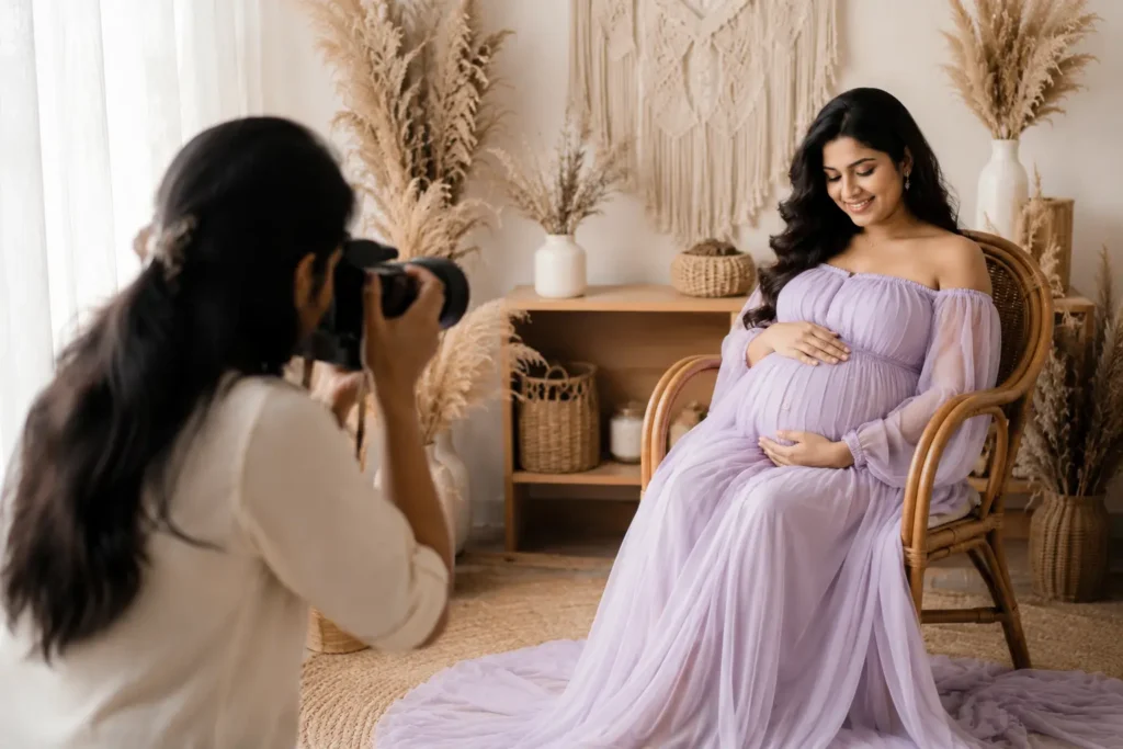 Professional photographer capturing a pregnant woman sitting on a wooden chair during an indoor maternity photoshoot in a beautifully decorated studio.