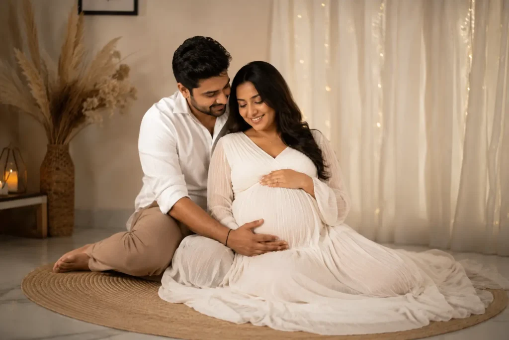 Pregnant couple posing together during a professional maternity photoshoot in a studio.