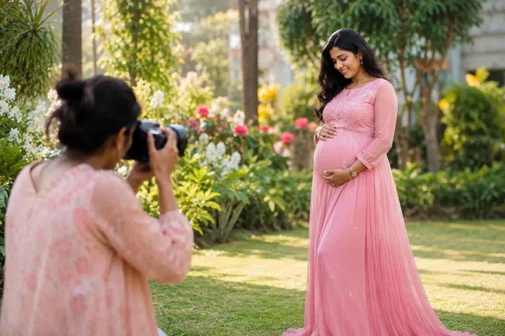 Professional photographer capturing a pregnant woman in a beautiful pink maternity gown during an outdoor garden maternity photoshoot.