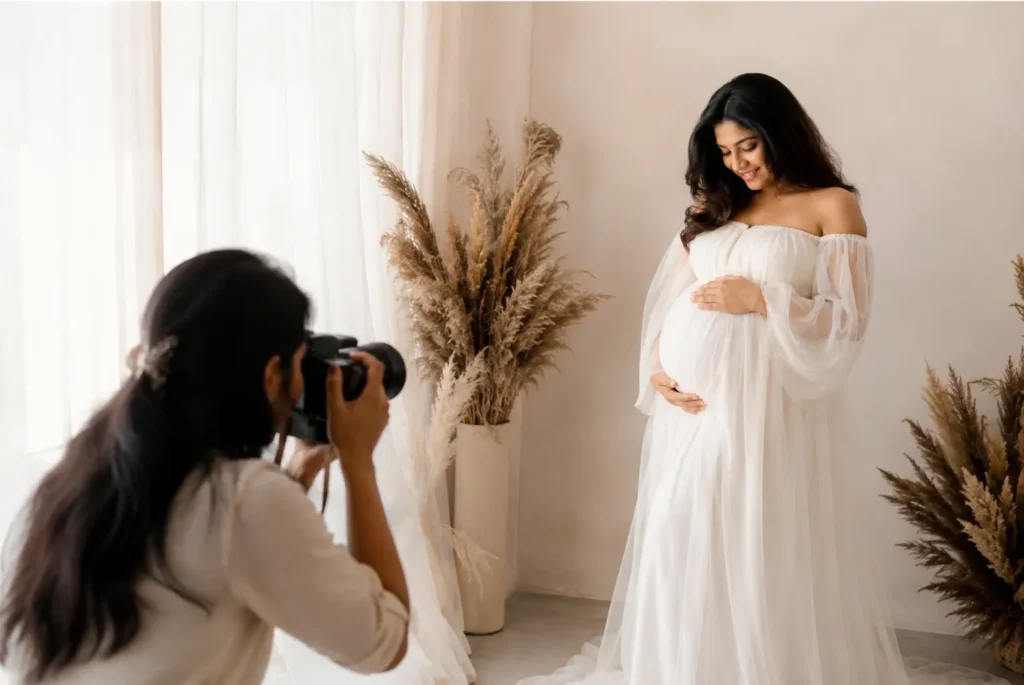Professional maternity photographer capturing a beautiful pregnant woman during an indoor maternity photoshoot.