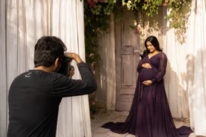 Professional photographer capturing a maternity photoshoot of a pregnant woman in an elegant studio setup.