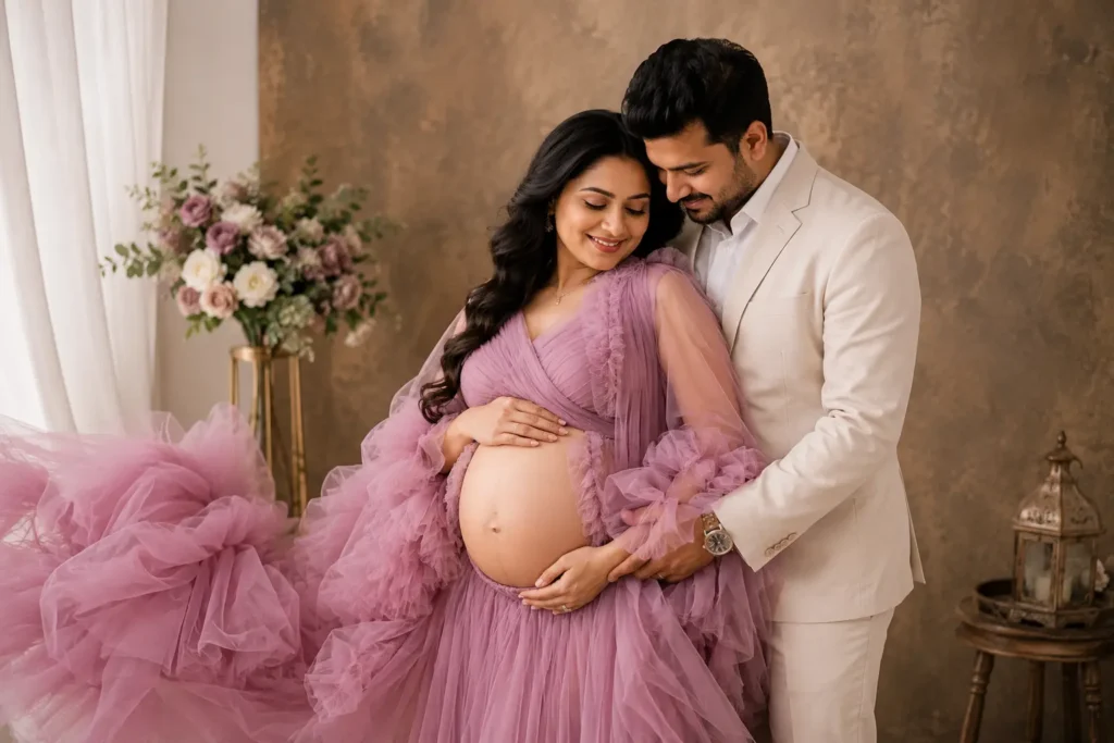 Romantic maternity couple posing in an elegant studio during a professional pregnancy photoshoot.